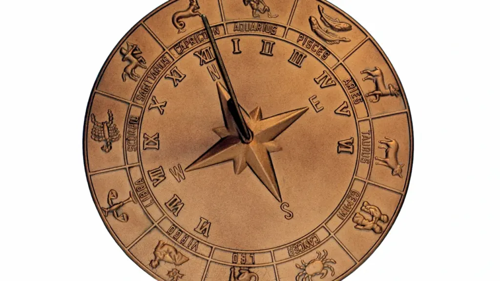 Bronzas zodiaka aplis ar iegravētām zvaigznāju zīmēm uz pulksteņa ciparnīcas fona.