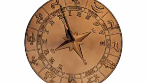 Bronzas zodiaka aplis ar iegravētām zvaigznāju zīmēm uz pulksteņa ciparnīcas fona.