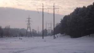 Elektropārvades līnijas sniegotā Latvijas ainavā, kas simbolizē elektroenerģijas piegādes tīklus un infrastruktūru.