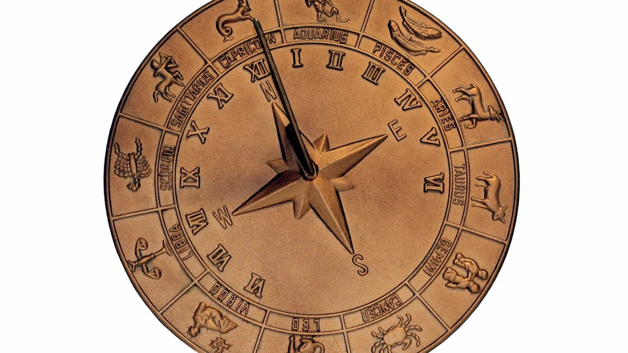 Zelta krāsas horoskopa zīmju diagramma ar kompasu uz balta fona, zodiaka apļa attēlojums.